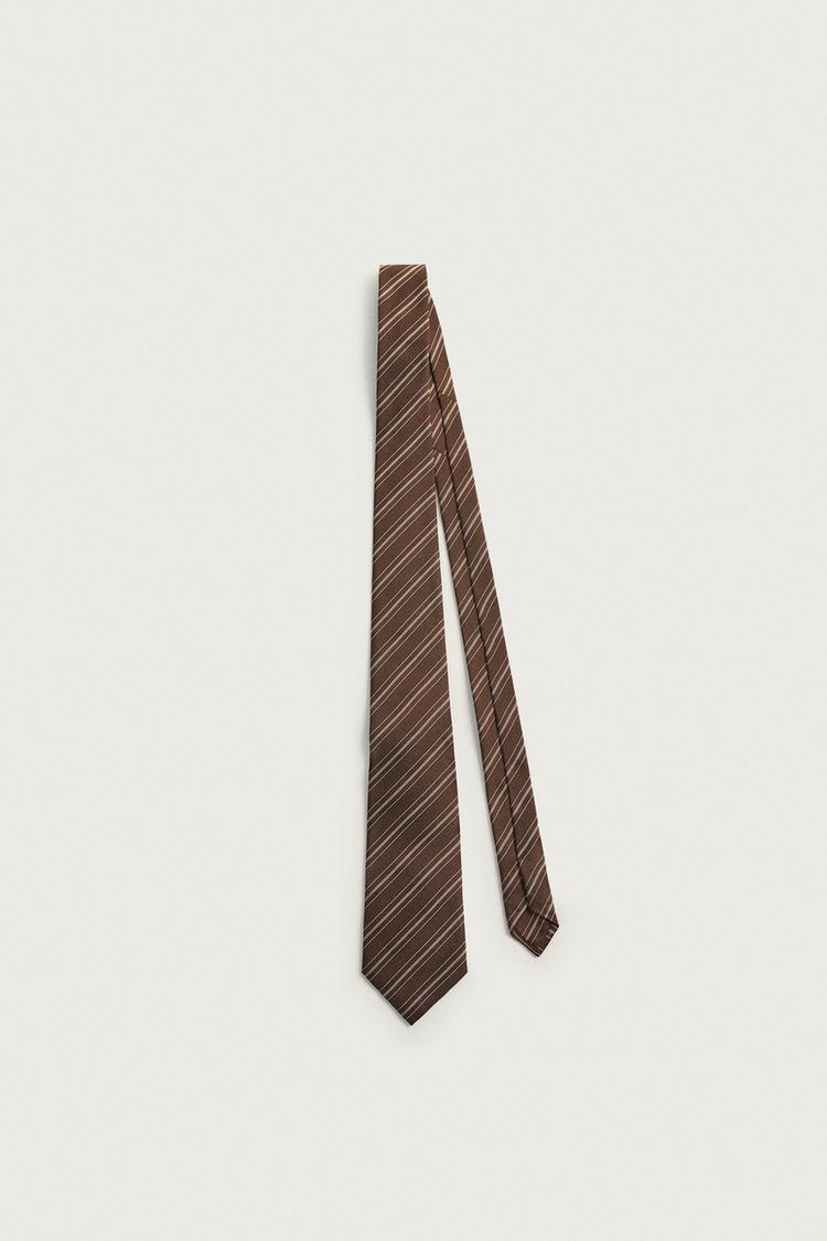 100% SILK STRIPED TIE — Brown