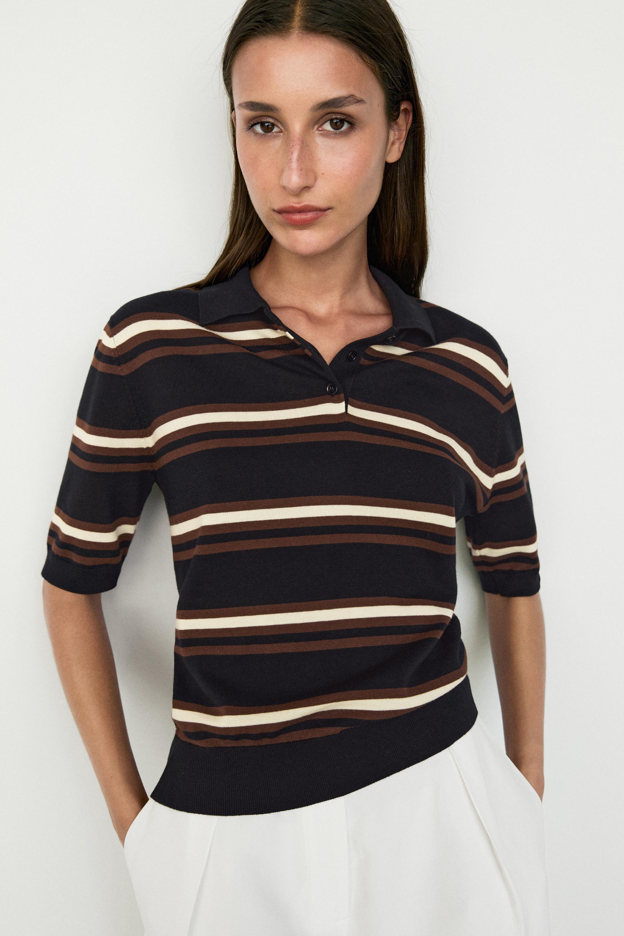 100% Cotton Striped Knit Polo — Navy blue