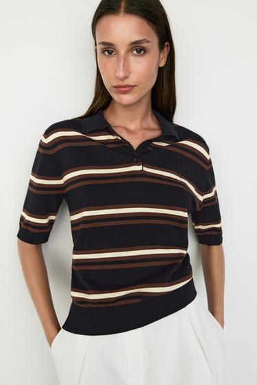 Polo en maille rayée 100 % coton - Bleu marine de Zara