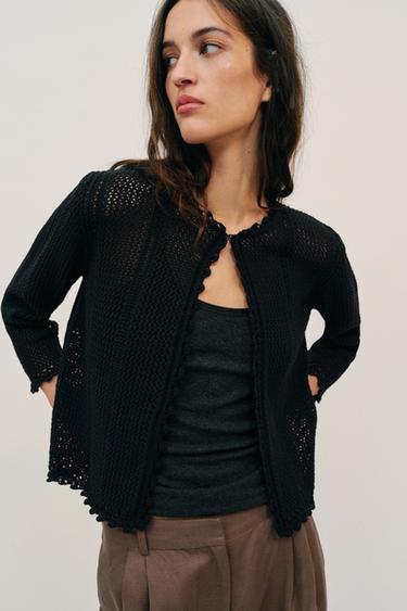 POINTELLE KNIT CARDIGAN - Black by Zara
