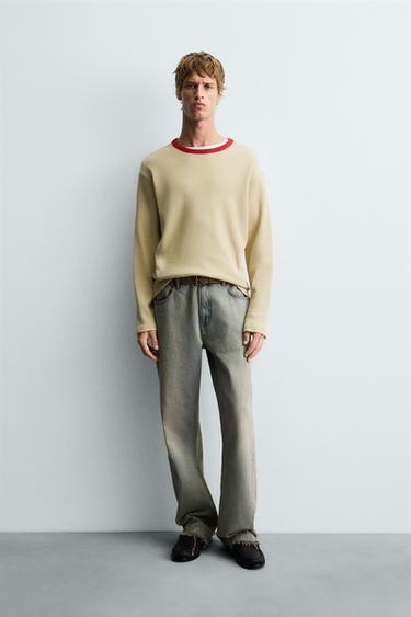 CONTRAST CHECKERED WAFFLE-KNIT T-SHIRT - camel by Zara