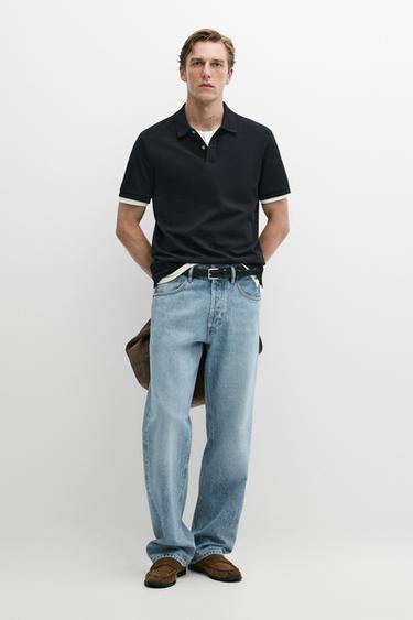 Zara Micro-textured cotton piqué polo shirt - Navy blue - Image 0