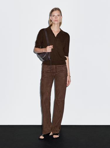Polo laine en maille tressée - Chocolat de Zara