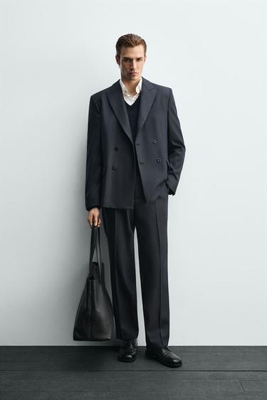 DOUBLE-BREASTED TEXTURED SUIT BLAZER - Navy blue by Zara
