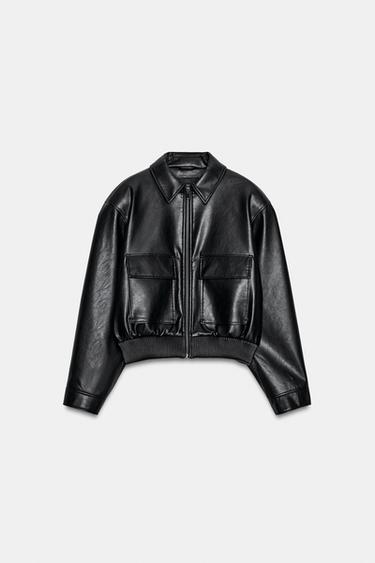 FAUX LEATHER BOMBER JACKET WITH SHOULDER PADS - Black by Zara - Image 7