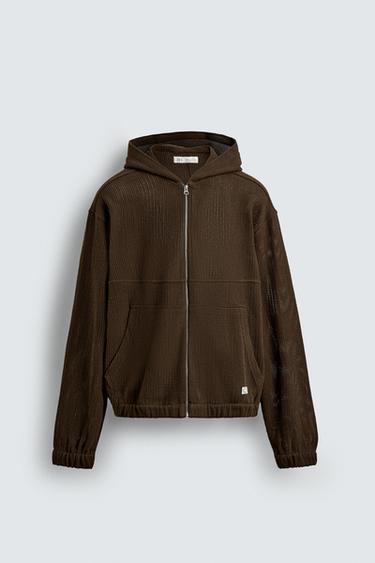 Zara HOODED OPEN-KNIT OVERSHIRT - Brown