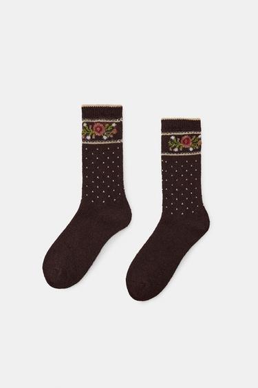 JACQUARD SPOT AND FLOWER SOCKS - Brown by Zara - Image 0