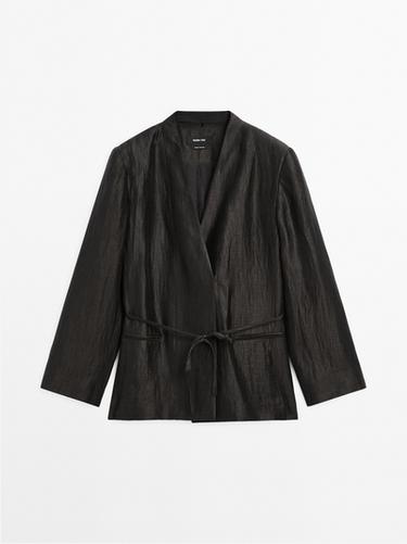 Zara Linen blend kimono with tie detail - Black