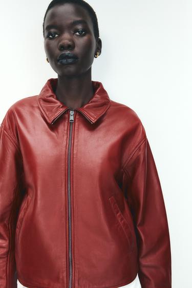 CAZADORA PIEL CREMALLERA - Granate de Zara