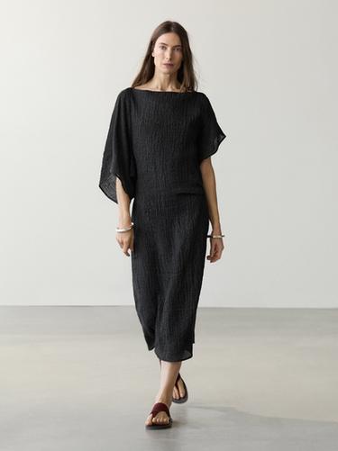 Zara Linen asymmetric sleeve midi dress - Black - Image 0