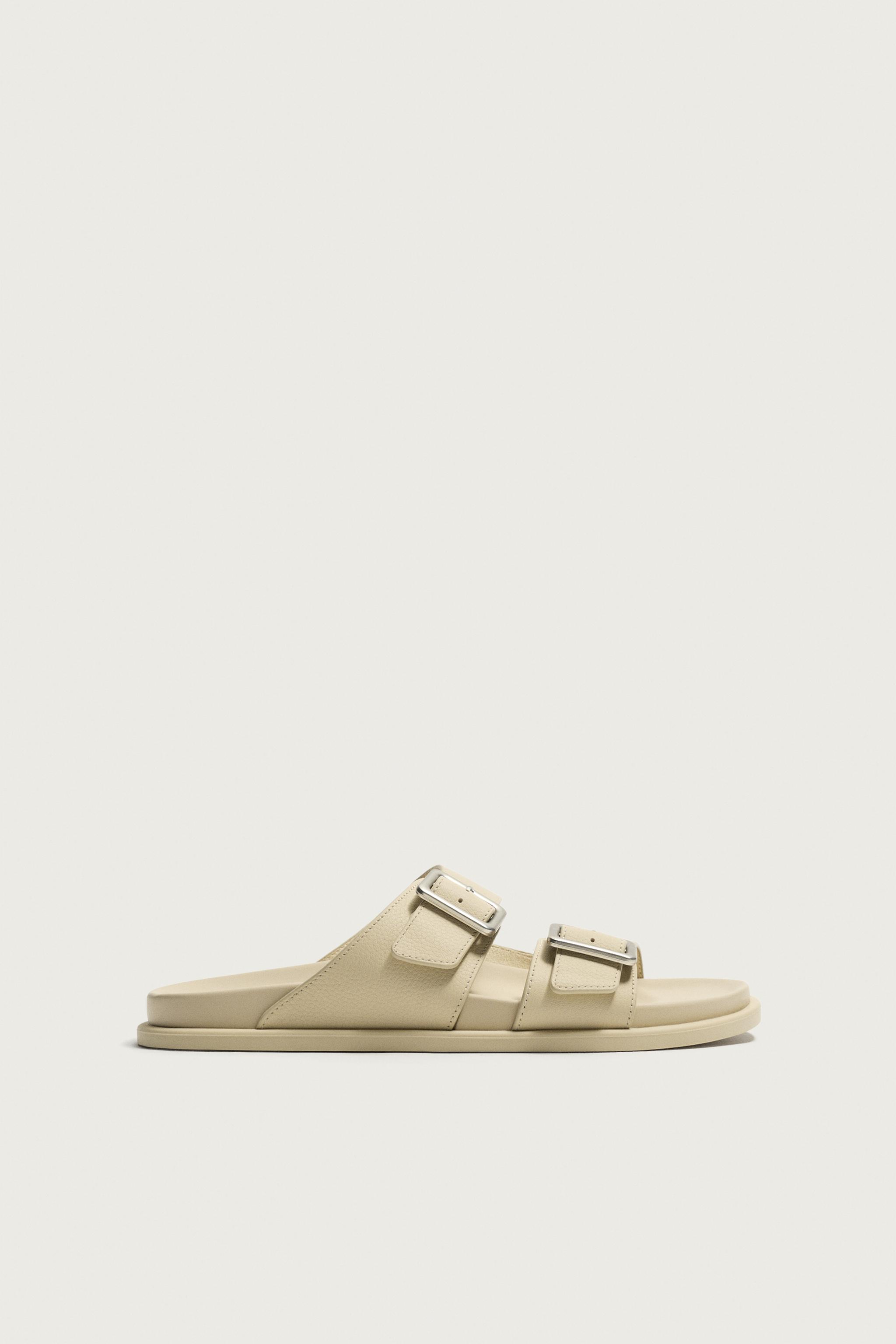 Tumbled Leather Strap Sandals — Ecru