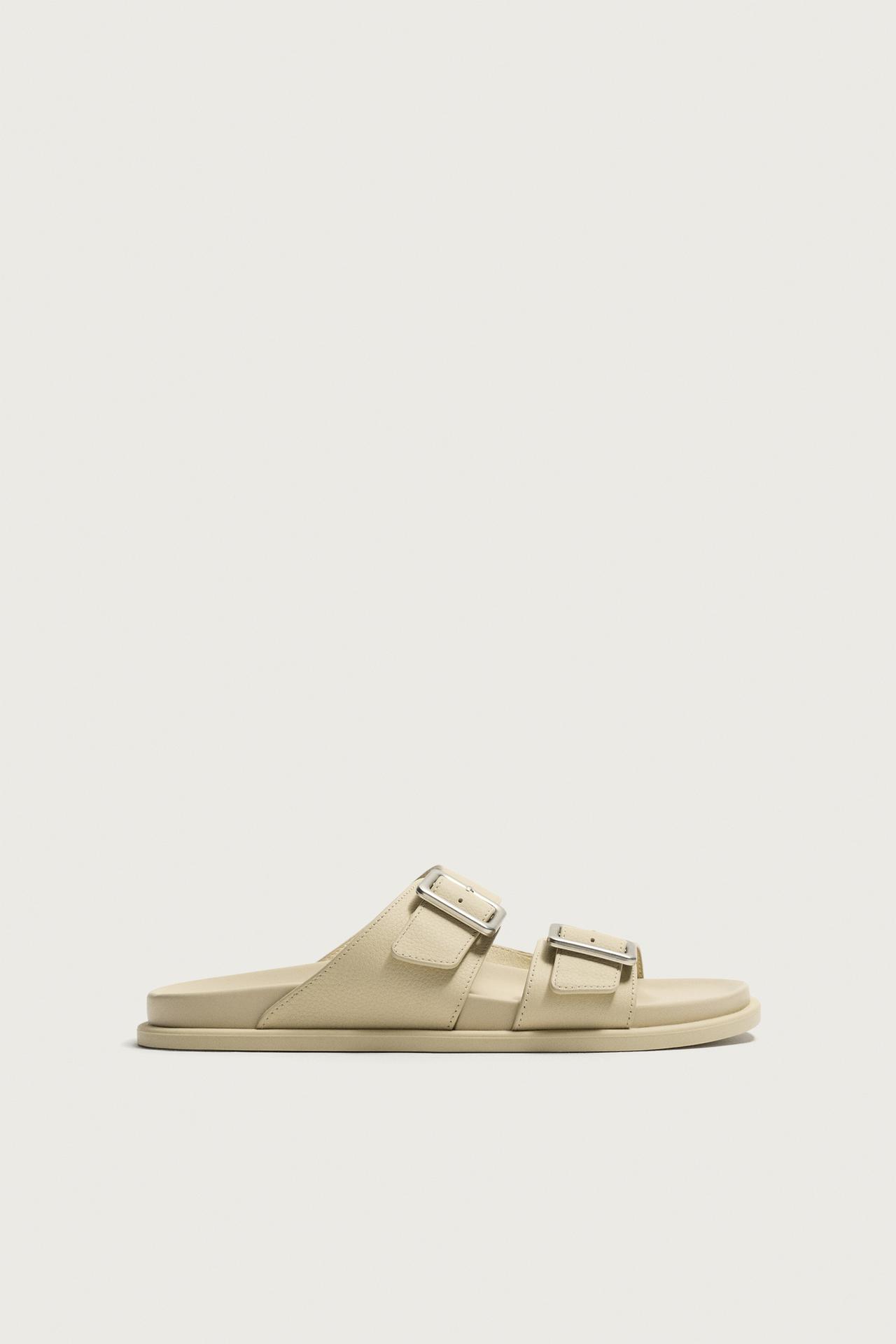Tumbled Leather Strap Sandals — Ecru