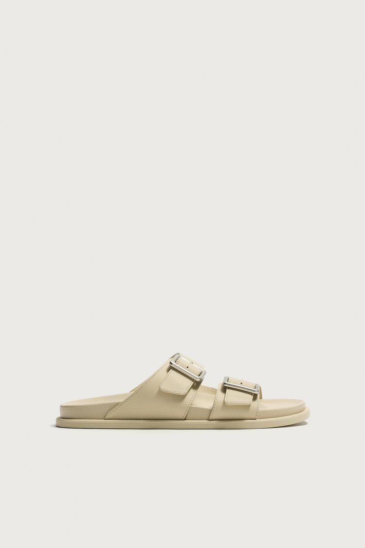 Tumbled Leather Strap Sandals — Ecru