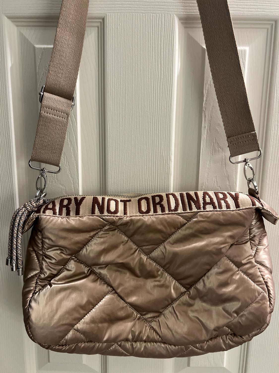 Metallic beige quilted bag hanging on a white door. It has a wide strap and the text ARY NOT ORDINARY along the top edge.