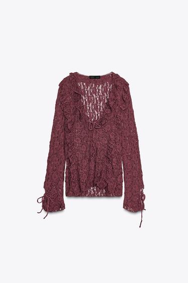 RUFFLED LACE TOP - Burgundy by Zara