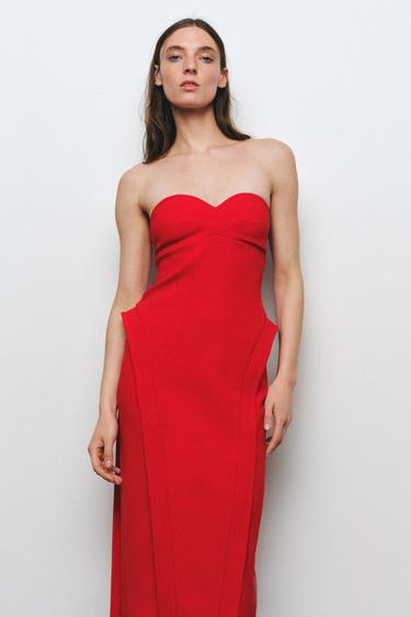 MIDI DRESS WITH SWEETHEART NECKLINE - Red by Zara