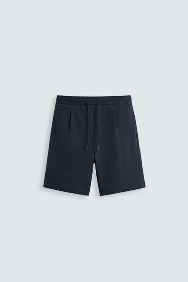PLEATED SEERSUCKER BERMUDA SHORTS - Navy blue by Zara