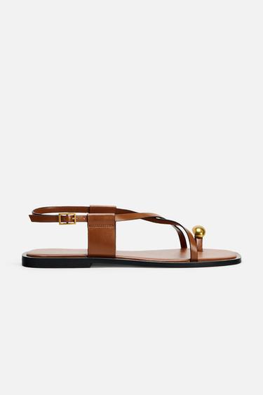STRAPPY FLAT SLIDER SANDALS WITH METAL EMBELLISHMENT - Brown by Zara