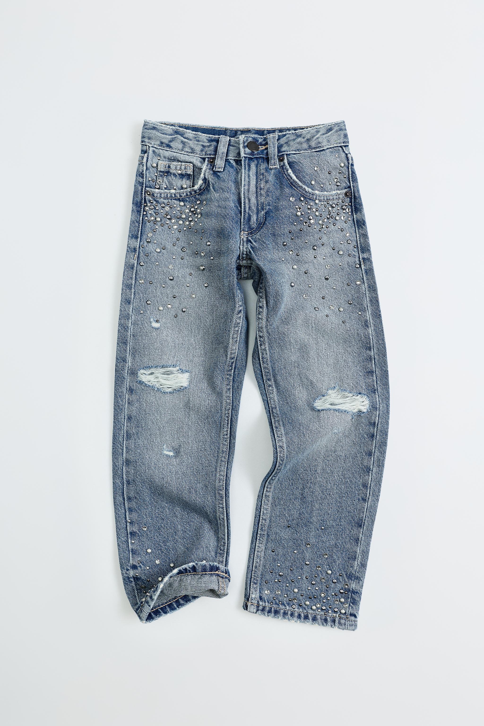 DISTRESSED STUDDED STRAIGHT JEANS — Blue