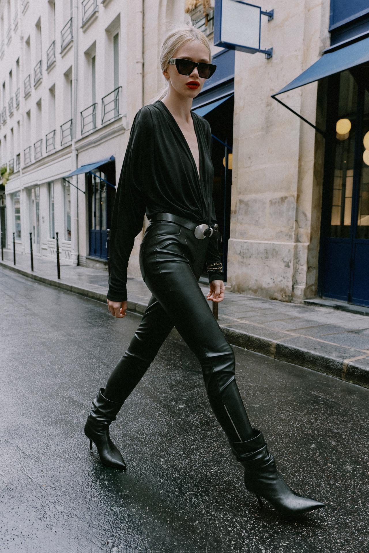 FAUX LEATHER ZIP HEM PANTS — Black