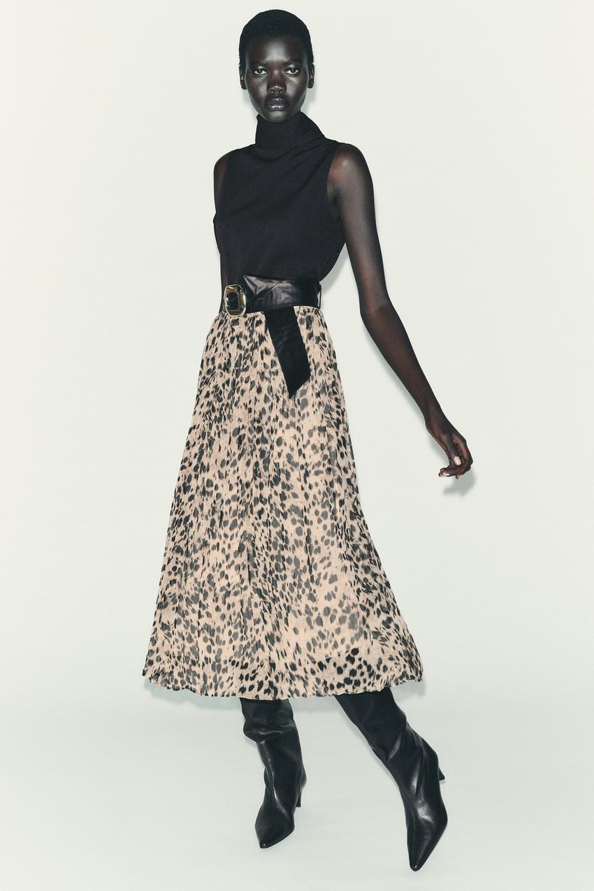 ANIMAL PRINT COMBINATION MIDI DRESS WITH BELT