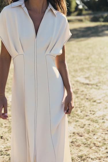 MIDI DRESS WITH CONTRAST TOPSTITCHING — Ecru 2