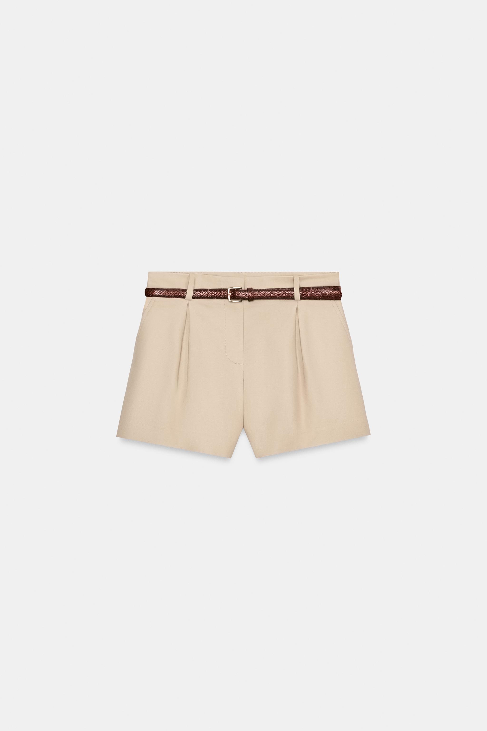 ベルト付きダーツバミューダパンツ - ホワイト/ブラック | ZARA Japan