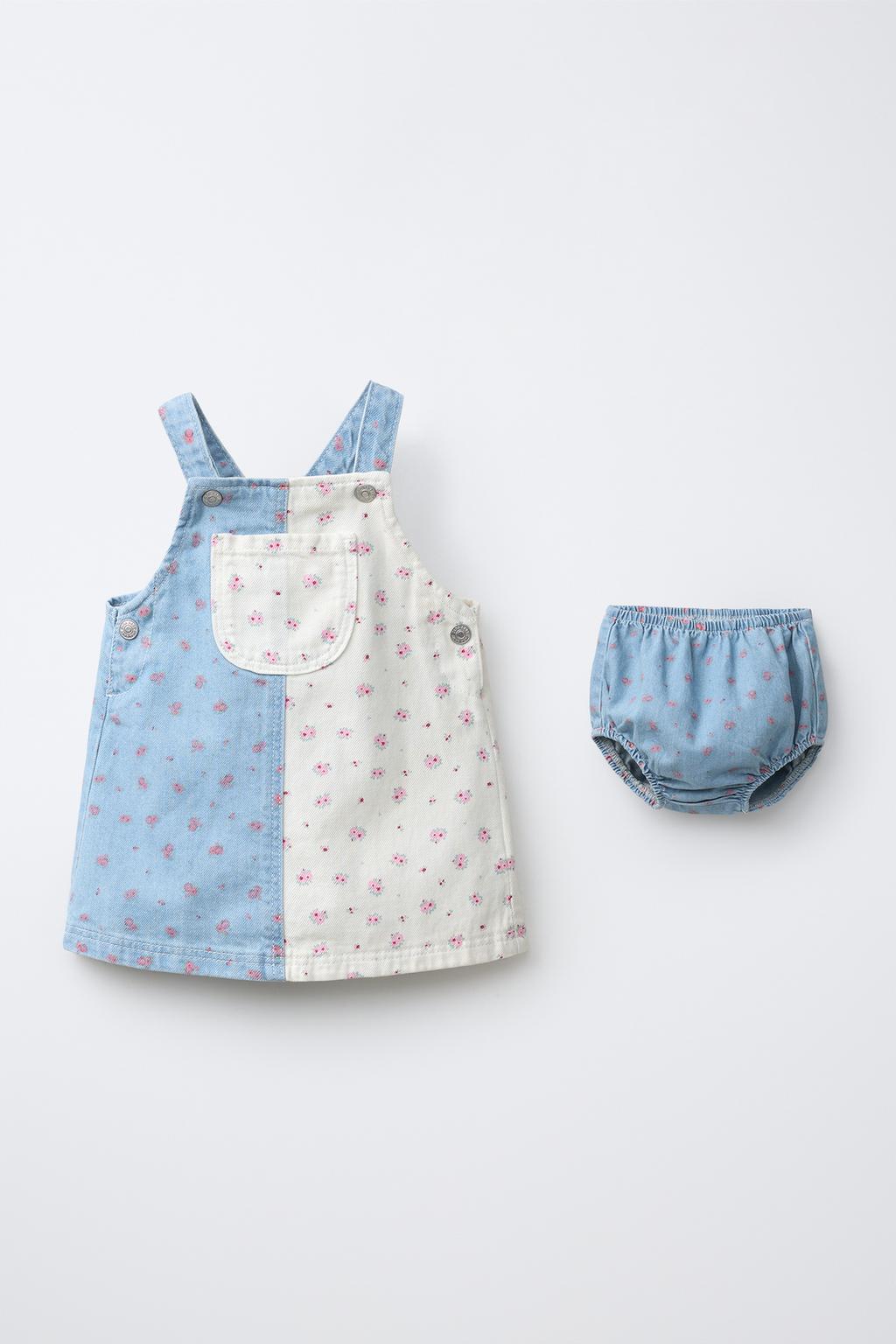 DENIM PATCHWORK FLORAL PINAFORE DRESS AND KNICKERS