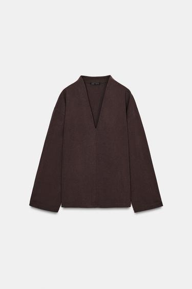 RUSTIC V-NECK T-SHIRT - Chocolate by Zara