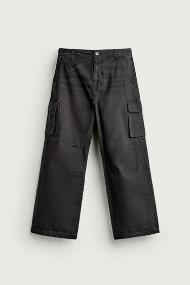 SPLATTER EFFECT CARGO TROUSERS - Black / Sand by Zara