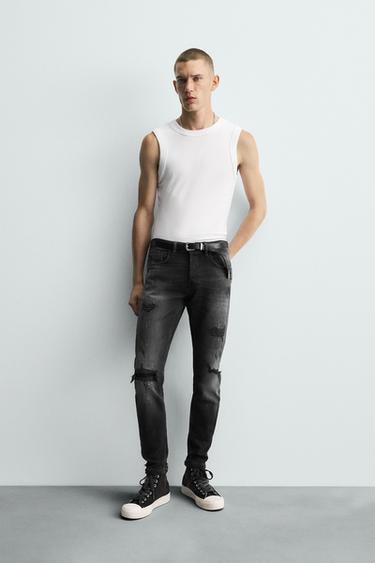 Zara RIPPED SKINNY FIT JEANS - Charcoal