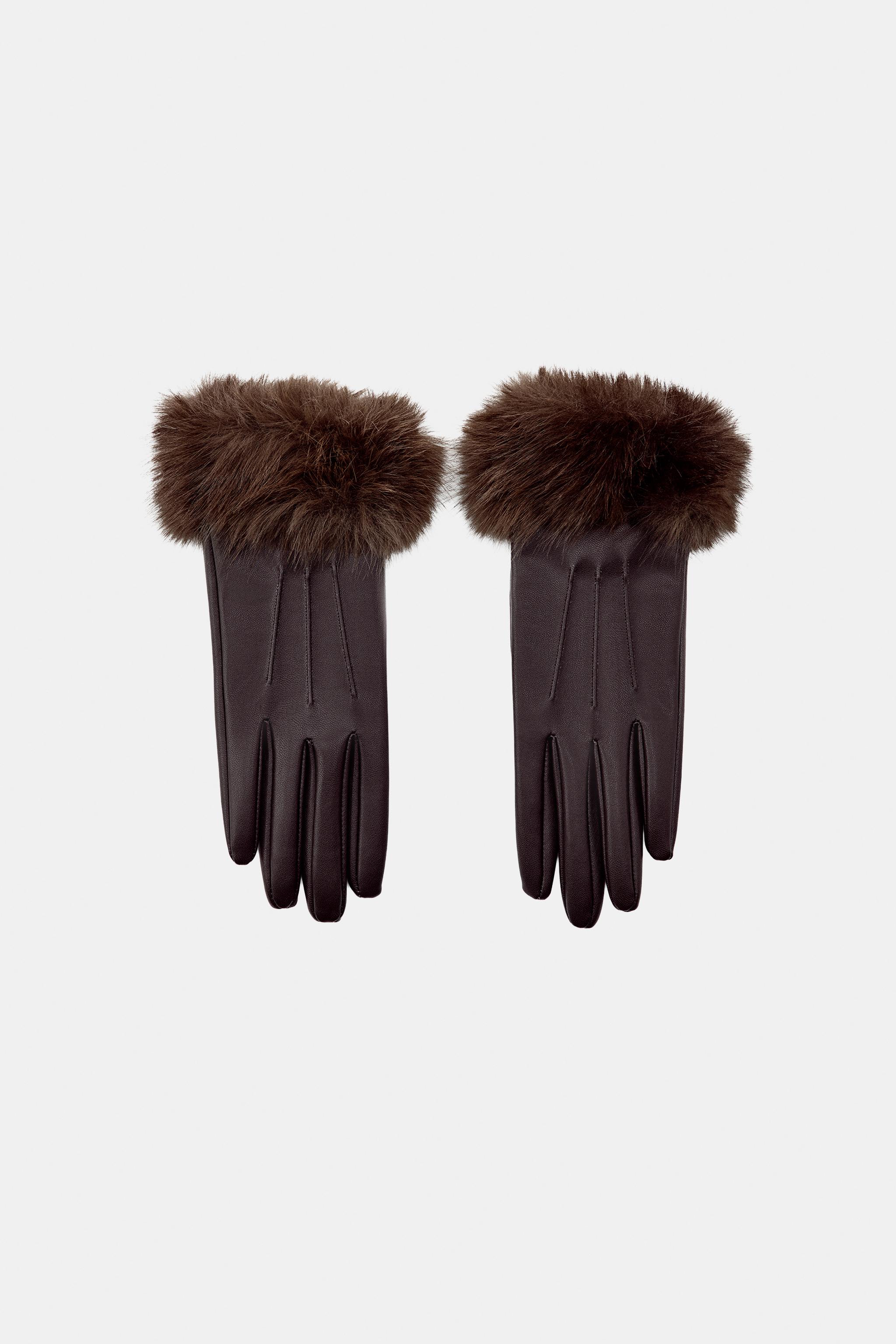 SHORT FAUX LEATHER AND FUR GLOVES - Brown | ZARA United States