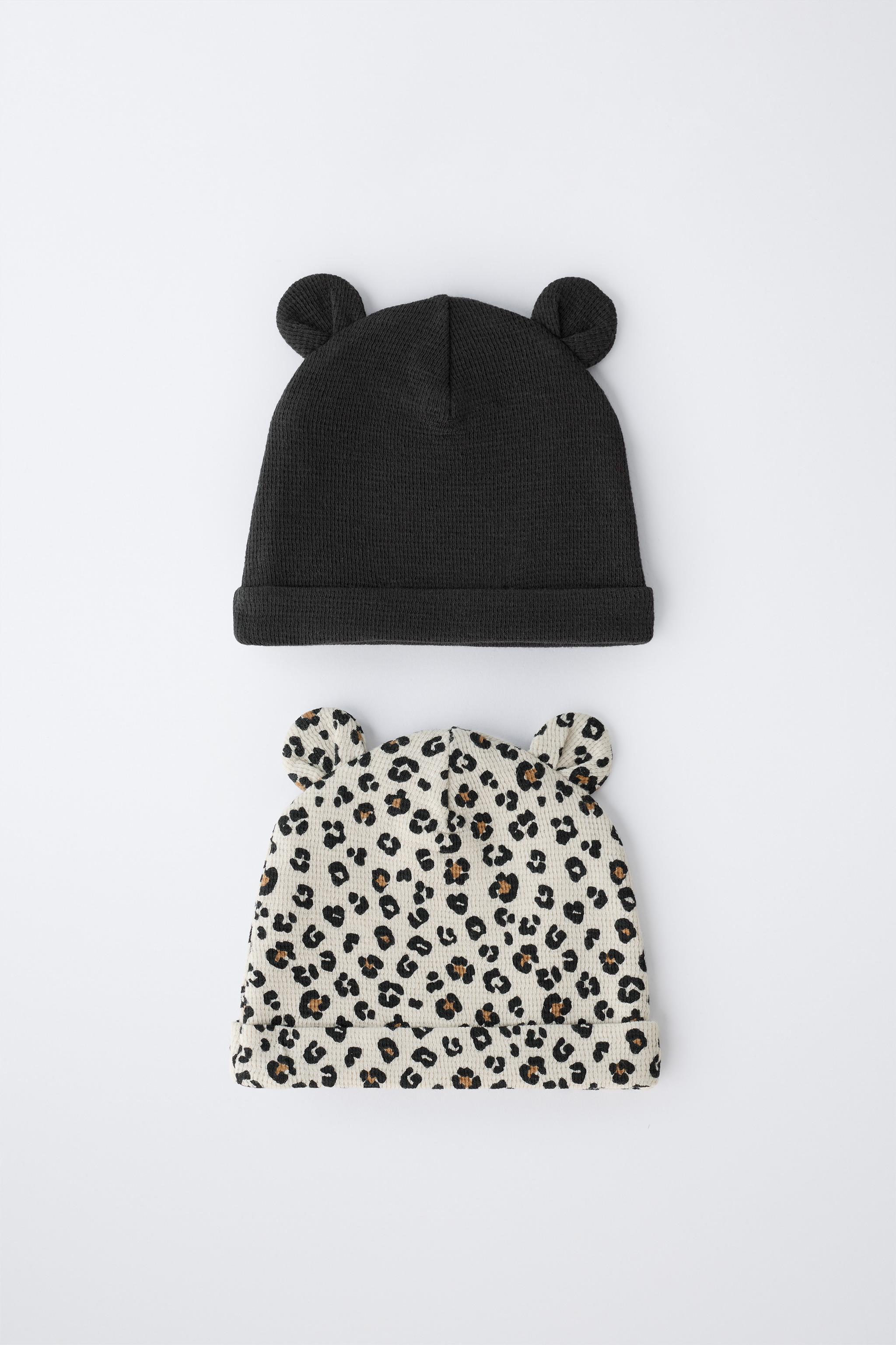 TWO-PACK OF WAFFLE KNIT EAR HATS WITH ANIMAL PRINT