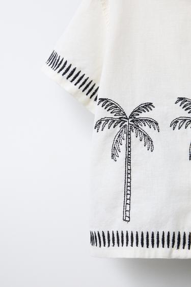 COTTON LINEN SHIRT WITH EMBROIDERED PALM TREES - Ecru by Zara - Image 3