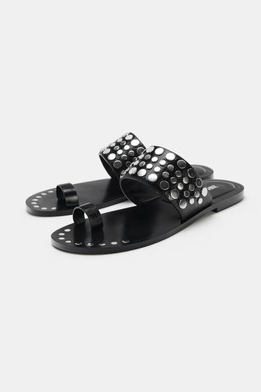 FLAT LEATHER SANDALS WITH STUDS - Black by Zara - Image 2