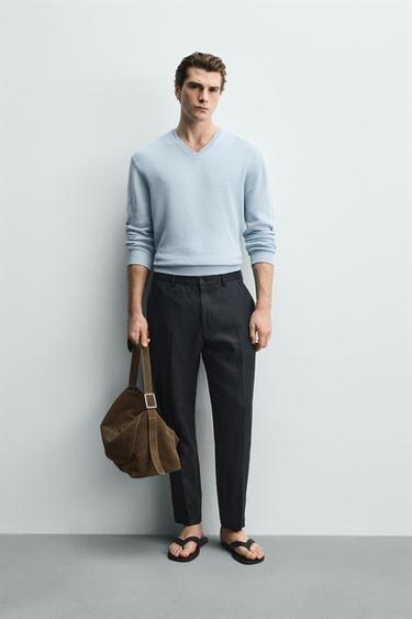 Zara 100% LINEN REGULAR FIT PANTS - Navy blue - Image 0
