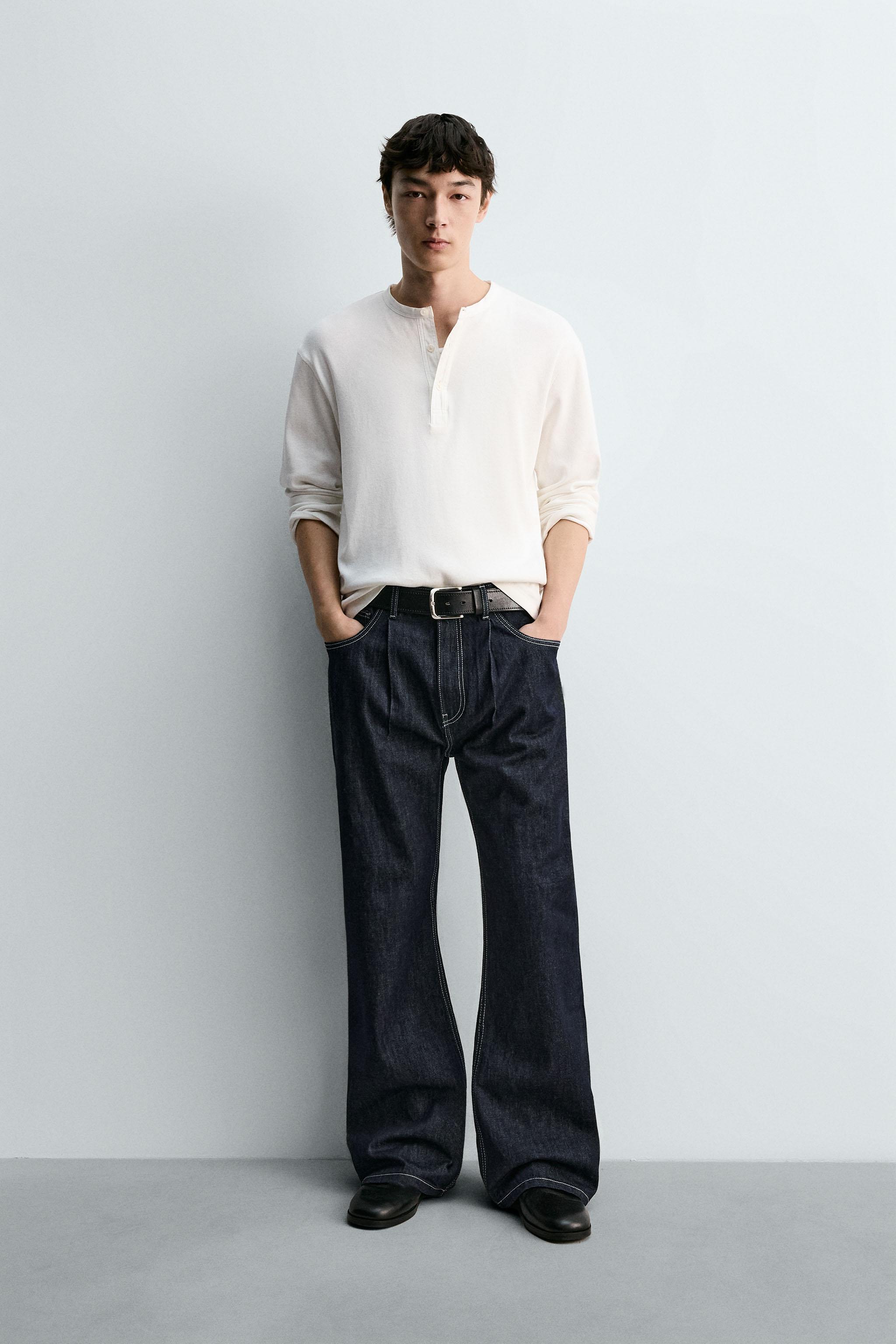 フレアフィットデニムパンツ、ステッチディテール - ネイビーブルー