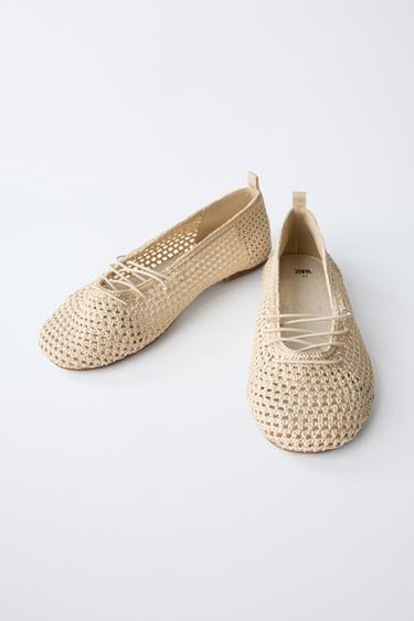 CROCHET LACE-UP BALLERINAS - Ecru White by Zara - Image 2