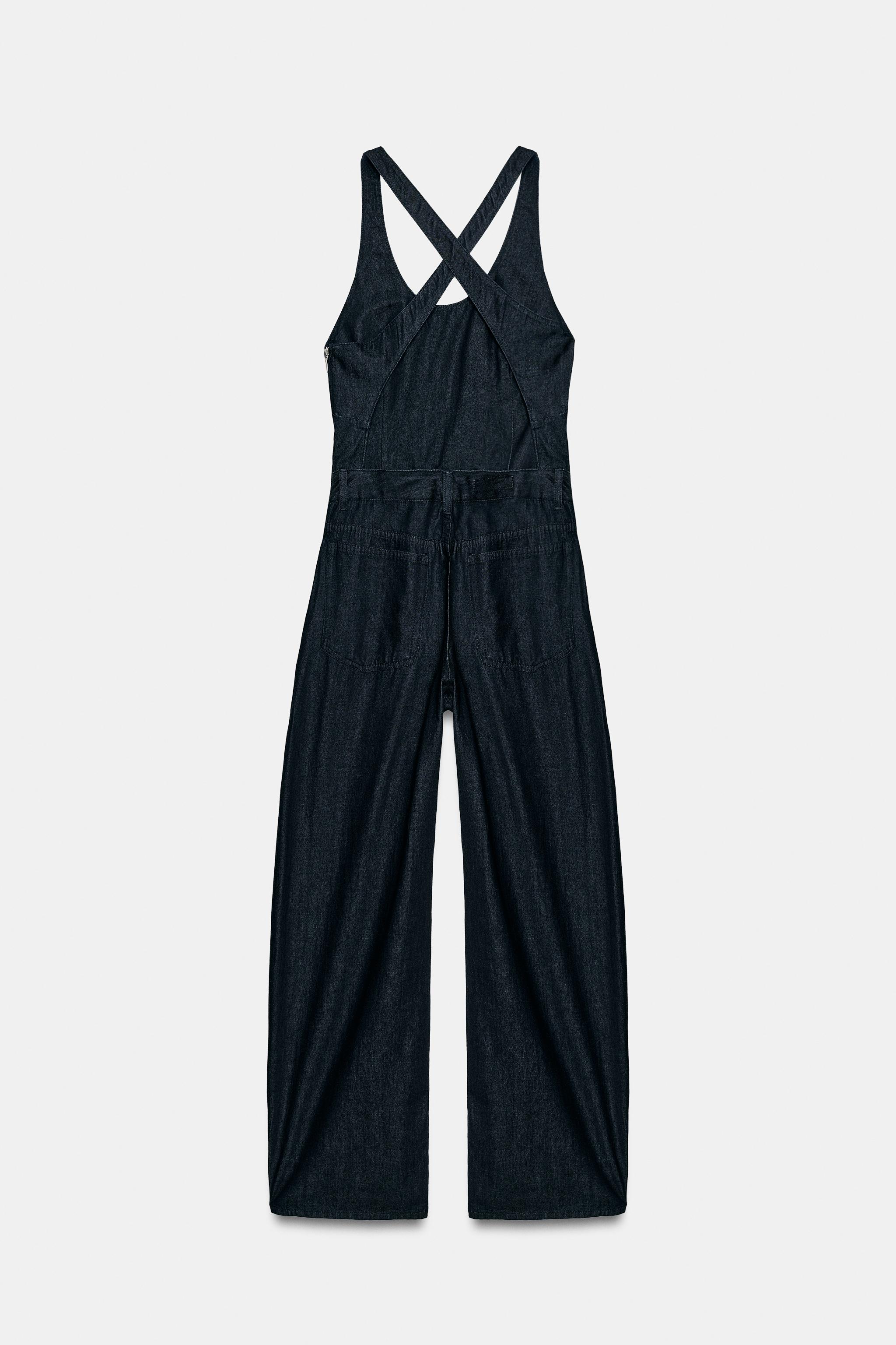 Zara CROSSOVER STRAP DENIM-EFFECT LONG JUMPSUIT — фото 8