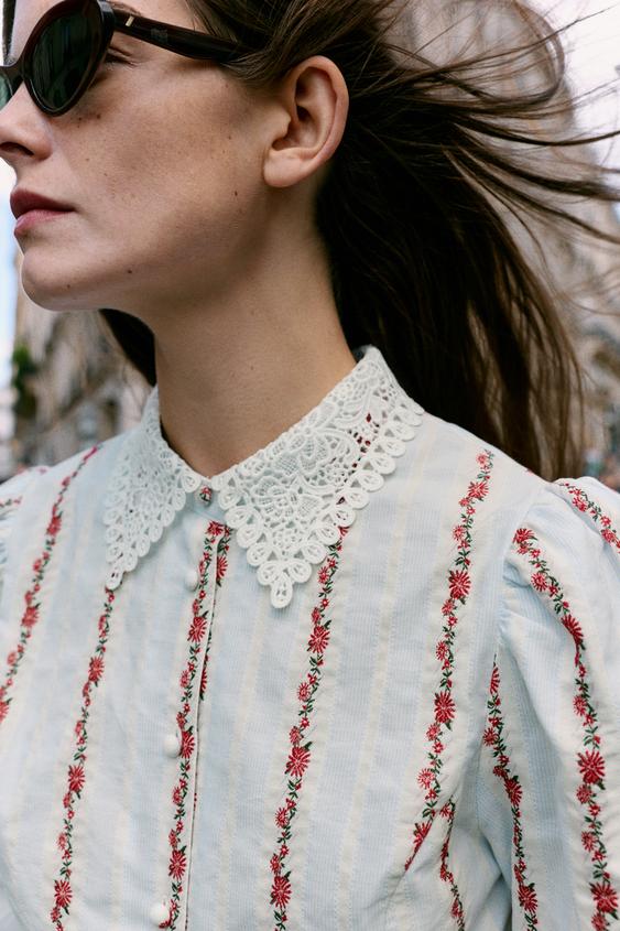 BLOUSE IMPRIMÉE GUIPURE - Bleu / Blanc de Zara - Image 3