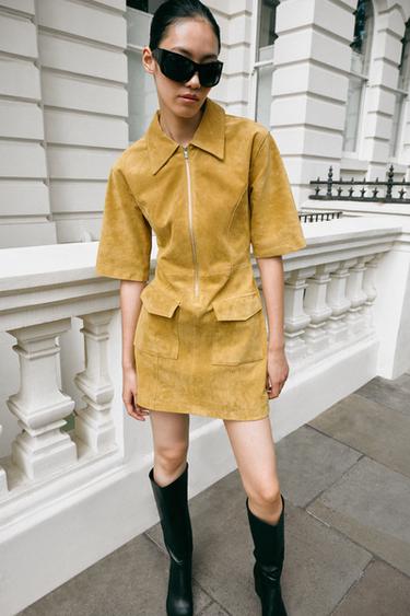 100% LEATHER ZIP MINI DRESS - Mustard by Zara