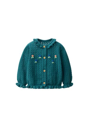 フラワー刺繍ニットカーディガンテールグリーンZaraのフラワー刺繍ニットカーディガン - テールグリーン 