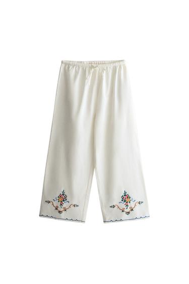 EMBROIDERED LINEN-COTTON BLEND TROUSERS - White by Zara