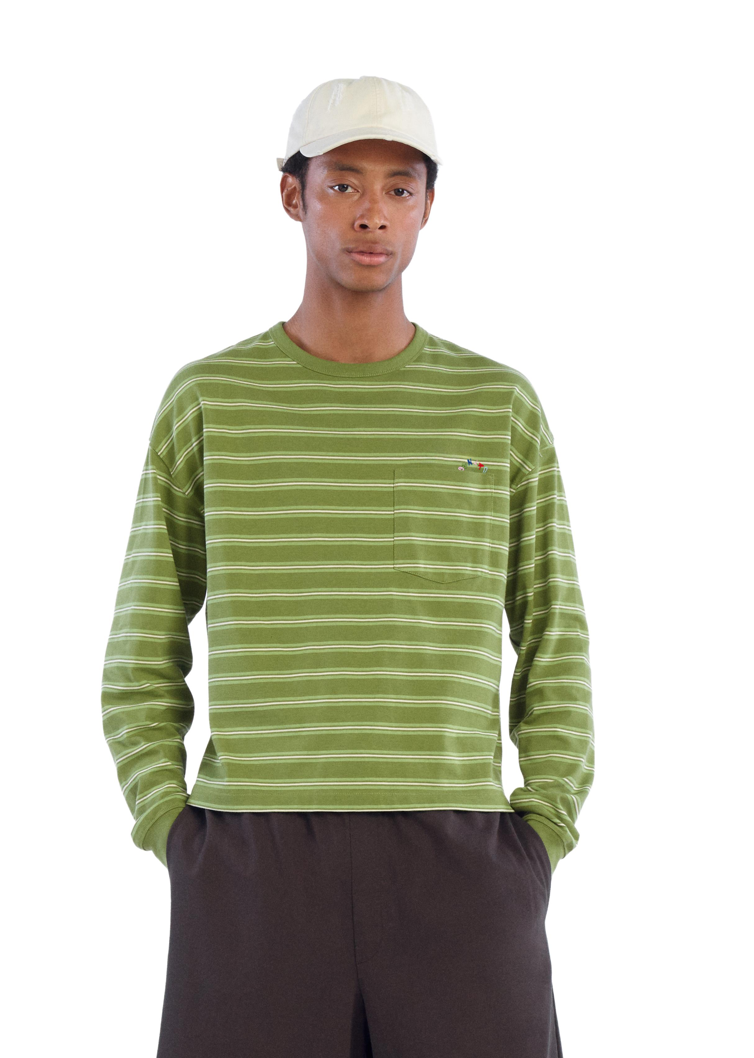 EMBROIDERED STRIPED POCKET T-SHIRT — Greens