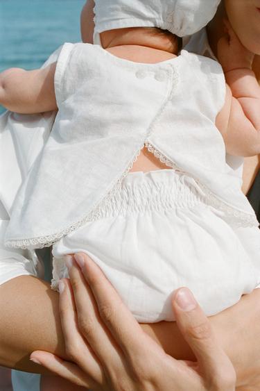 Zara LINEN AND COTTON LACE BLOUSE AND BLOOMER SET - White