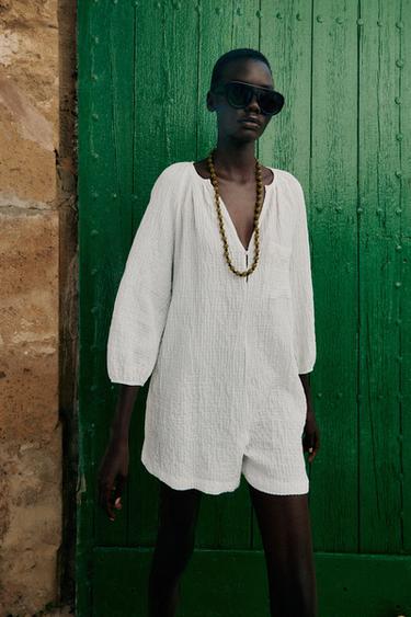 Zara RUSTIC SHORT JUMPSUIT - White