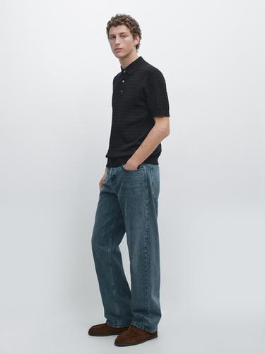 Zara 100% cotton cable-knit polo shirt - Navy blue - Image 0