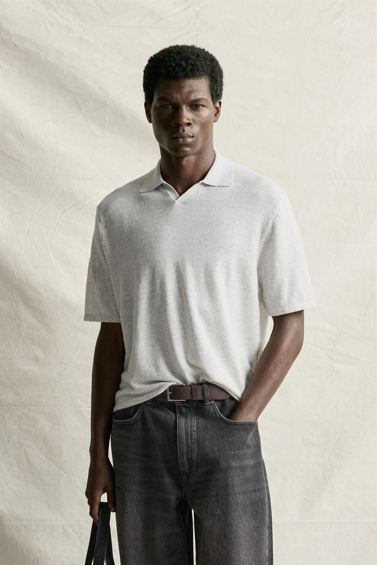 HEMP COTTON BLEND KNIT POLO — Gray marl