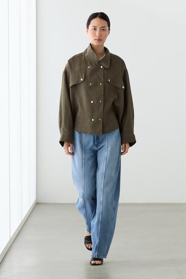 Zara 100% linen shirt with snap button detail - Mid-green