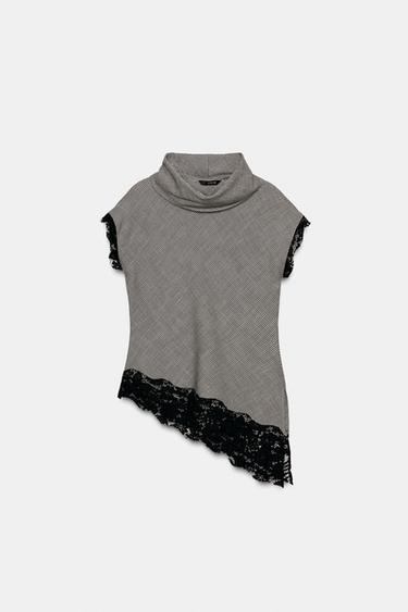 Zara HOUNDSTOOTH LACE TOP - Black / Ecru